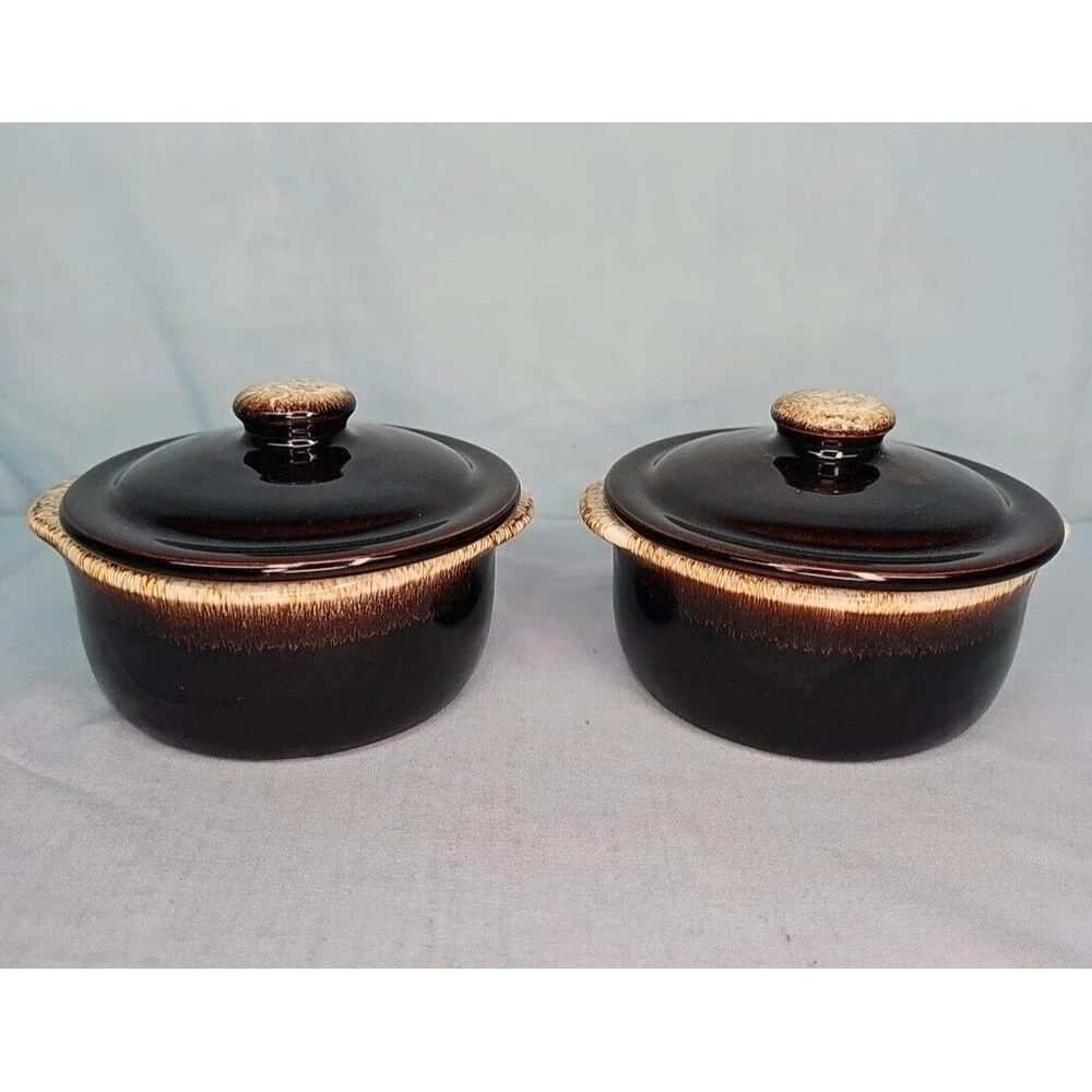 Crock Casseroles Chili Soup Bowls w/ Lids Pfaltzgraff Gourmet Brown Drip Glaze